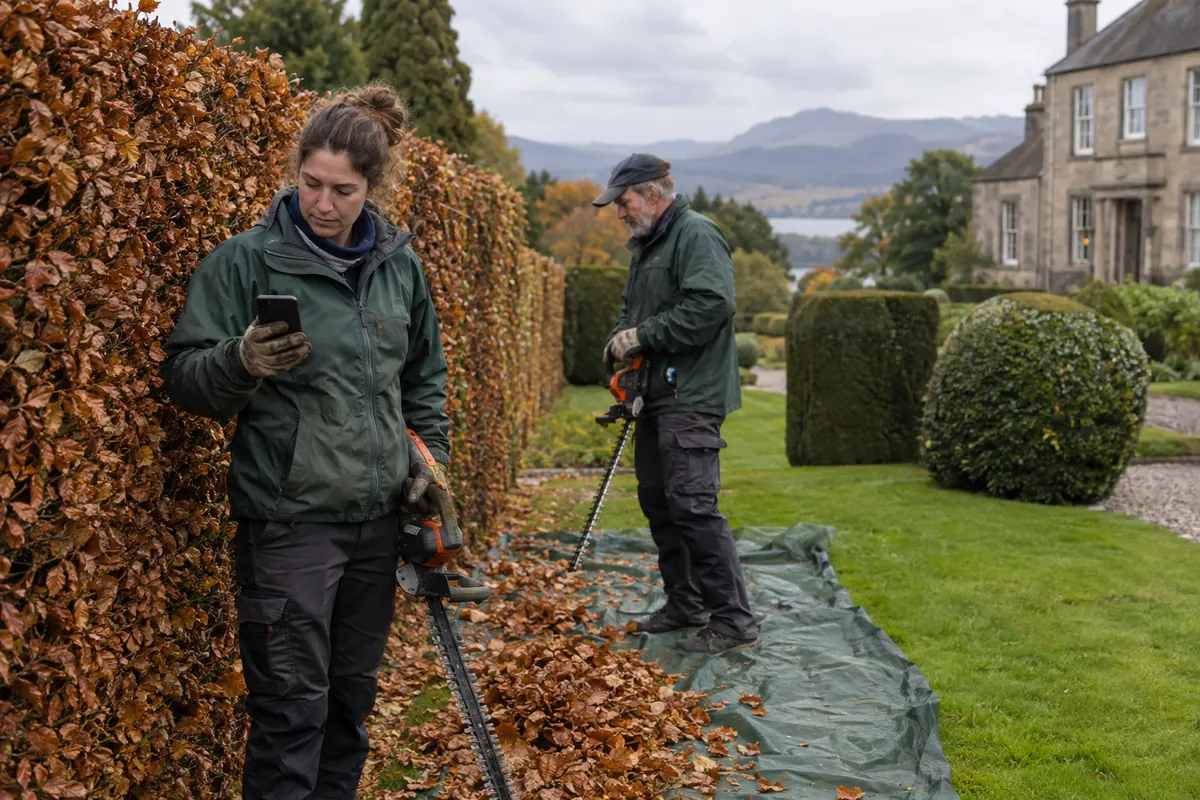 Two landscapers trimming a tall beech hedge at a Scottish country house, one checking a phone.