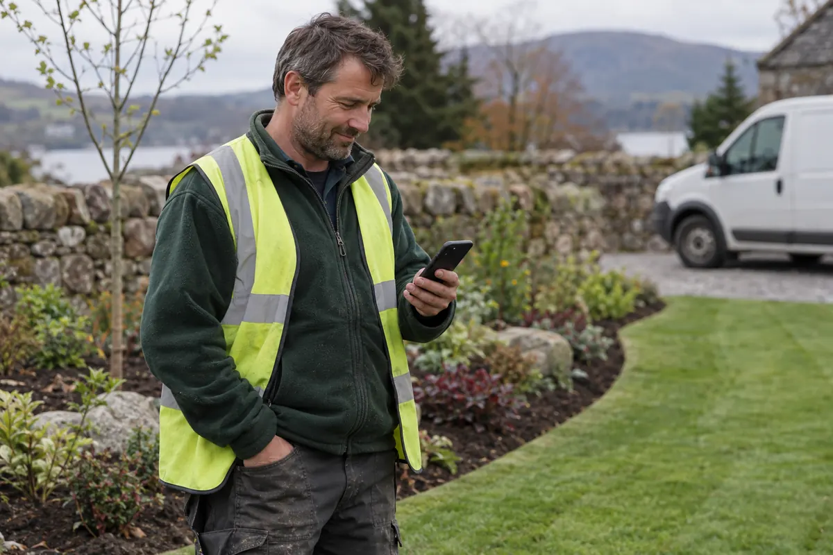 A landscaper in a hi-vis vest checking today's jobs on his phone beside a newly planted border and a stone wall.