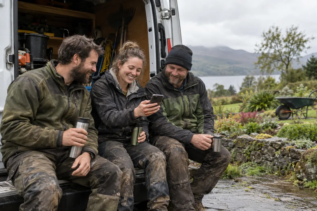 Three landscapers having a tea break on the open side of a van, one showing something on a phone.
