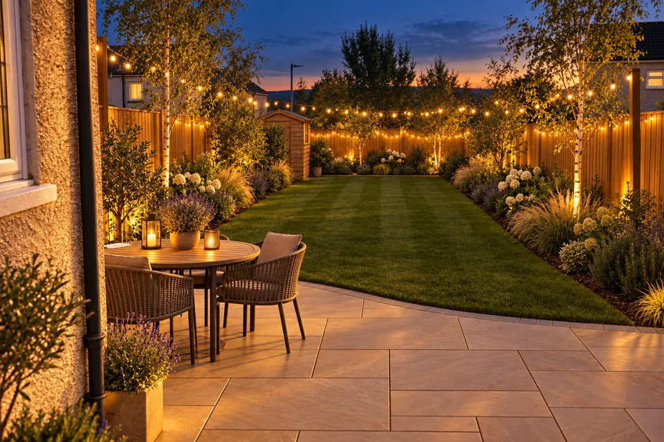 A Scottish back garden at dusk after landscaping: a new stone patio with a dining table, striped lawn, planted borders and warm fairy lights along the fence.