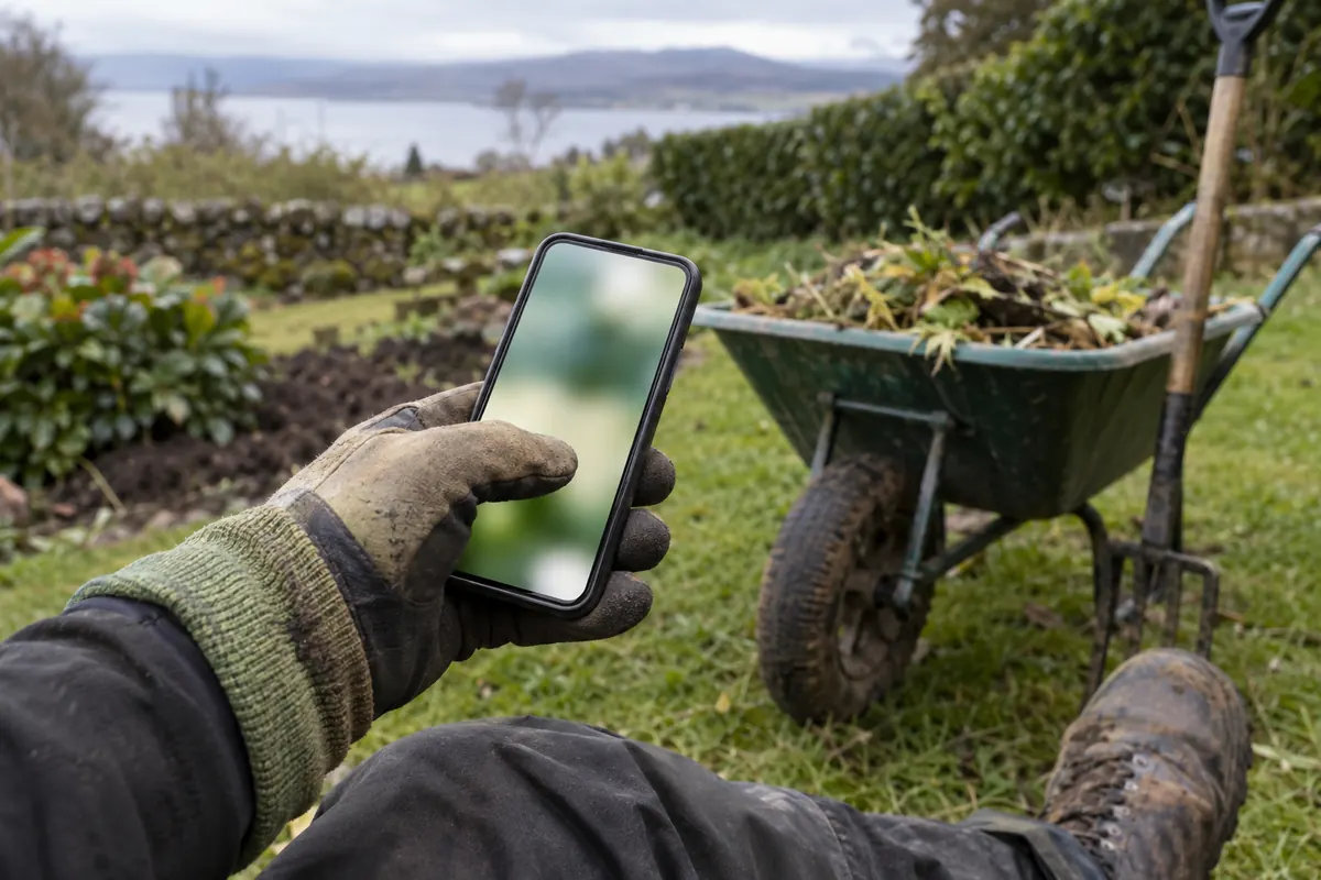 A muddy gloved hand holding a phone in a garden, a wheelbarrow of cuttings beside it.