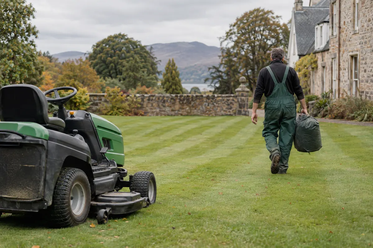 A striped lawn at a Scottish country house with a ride-on mower at the edge and a landscaper walking away carrying a bag.