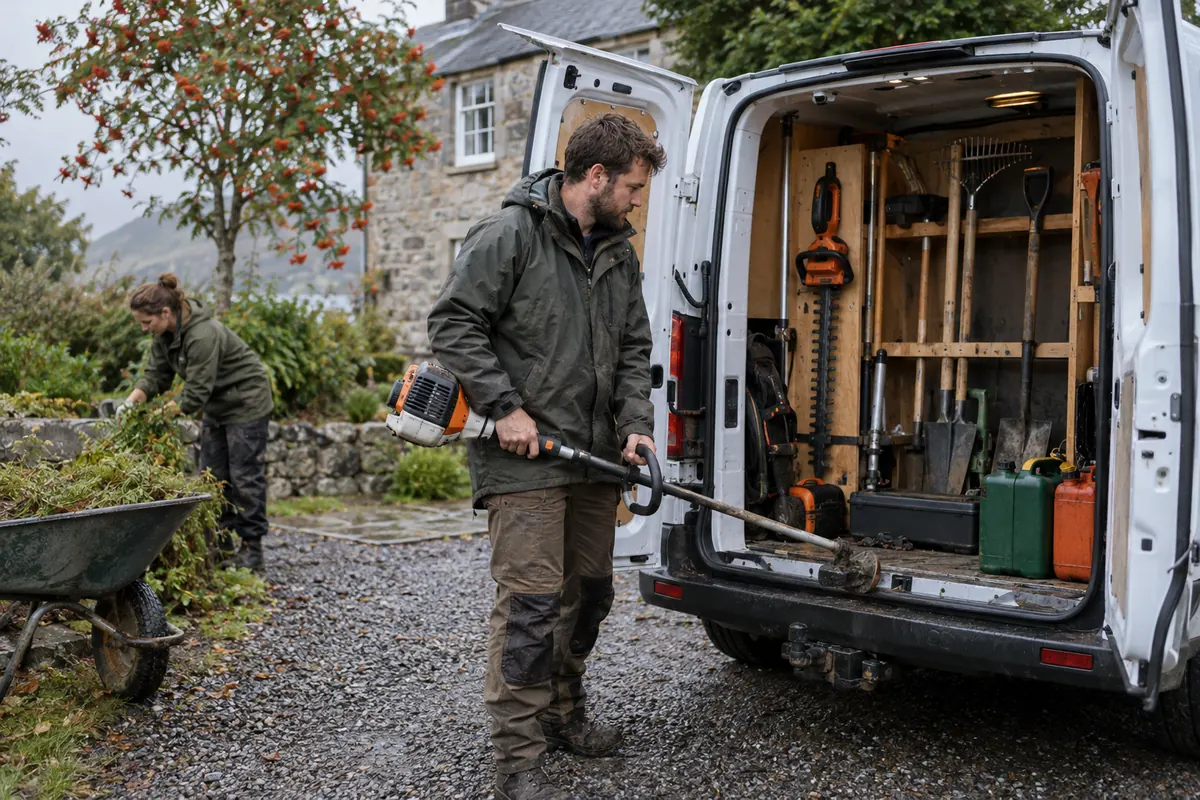 A landscaper with a strimmer beside the open back of a work van with tools racked neatly inside.